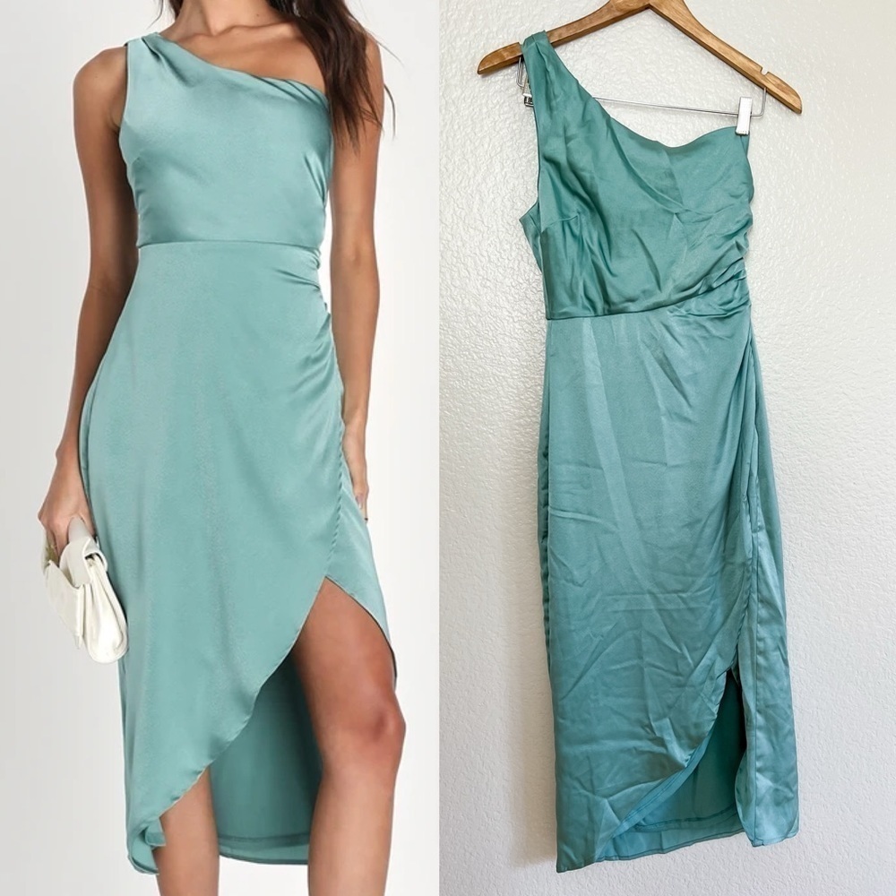 NWOT Aesthetic of Elegance Dark Sage Ruched One-Shoulder Midi Dress
